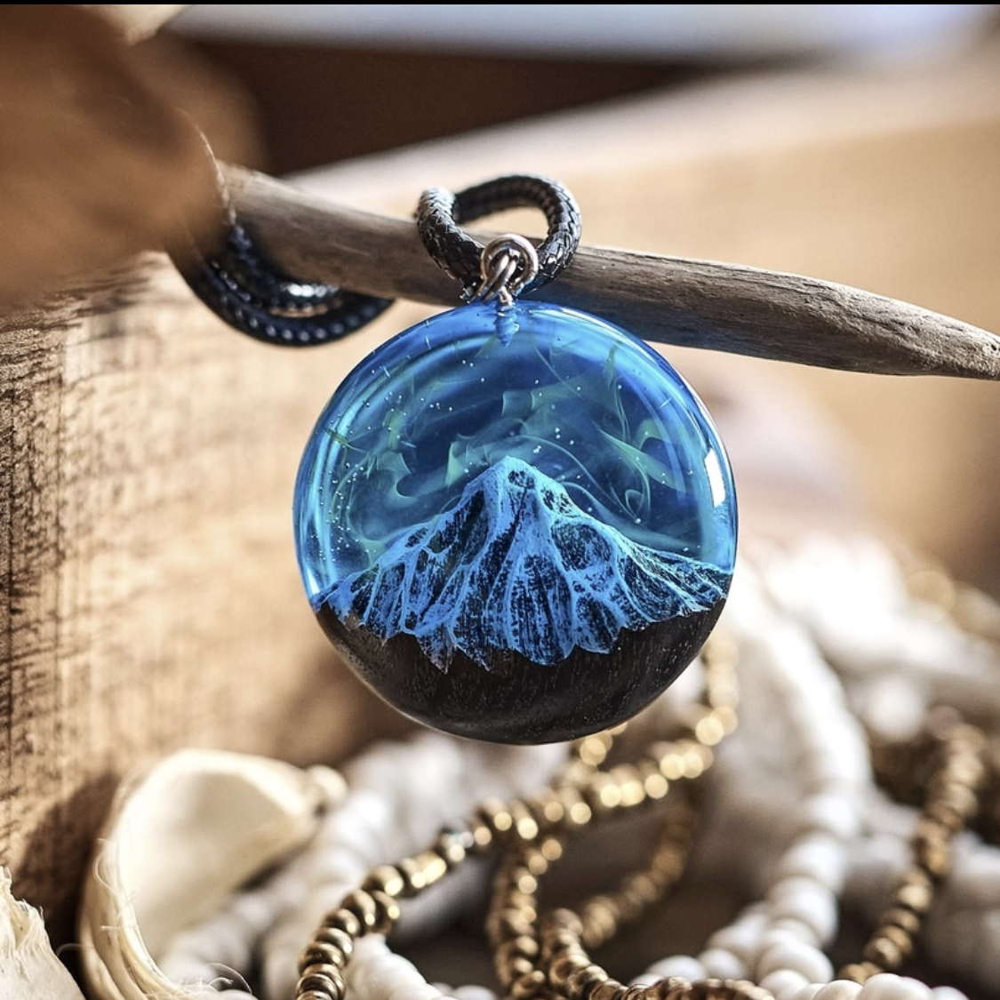 Epoxy Pendant polar lights (Aurora) in the mountains 25 mm.