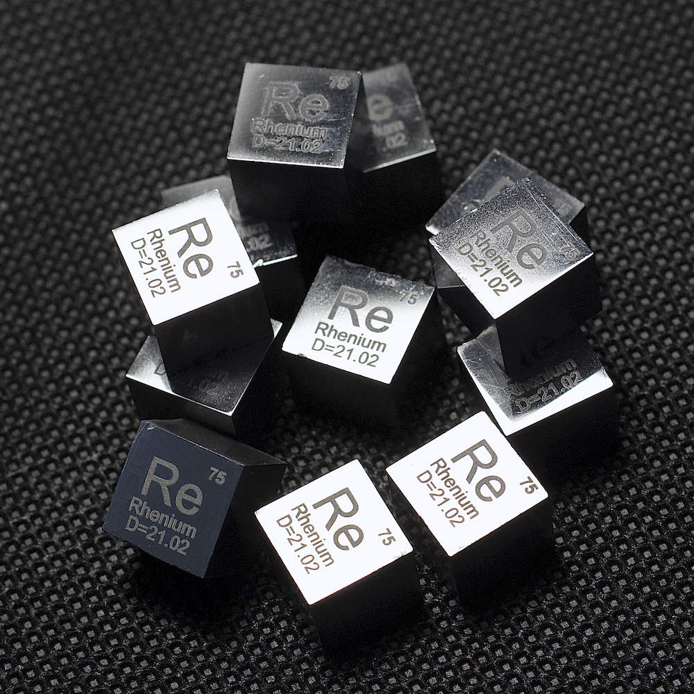 Rhenium metal cube 9x9x10 mm (Re), 14 g., 99.9% with 2 mirror sides