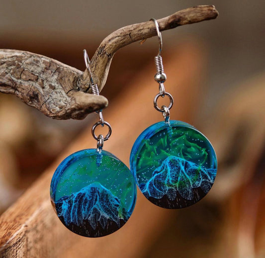 Epoxy earrings polar lights (Aurora) in the mountains 20 mm.